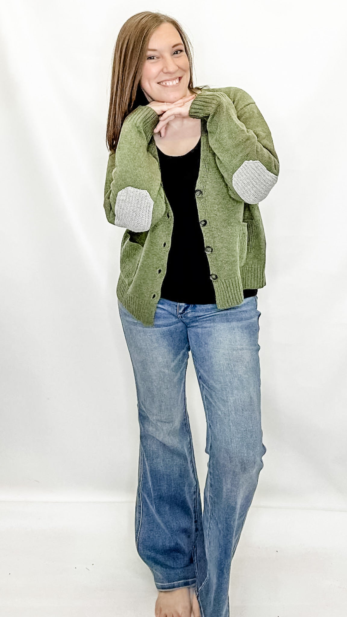 Olive or Rust Cardigan with Elbow Patches. Heimish brand. True to size. S, M, L.