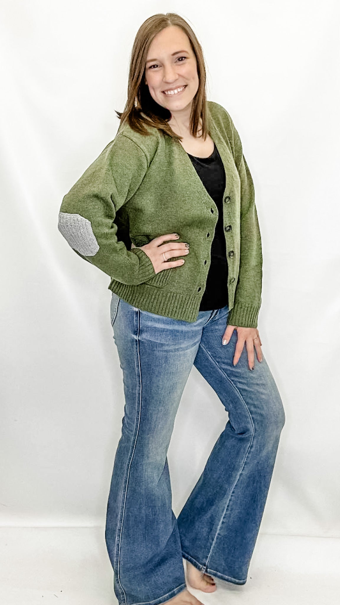 Olive or Rust Cardigan with Elbow Patches. Heimish brand. Fall cardigan.
