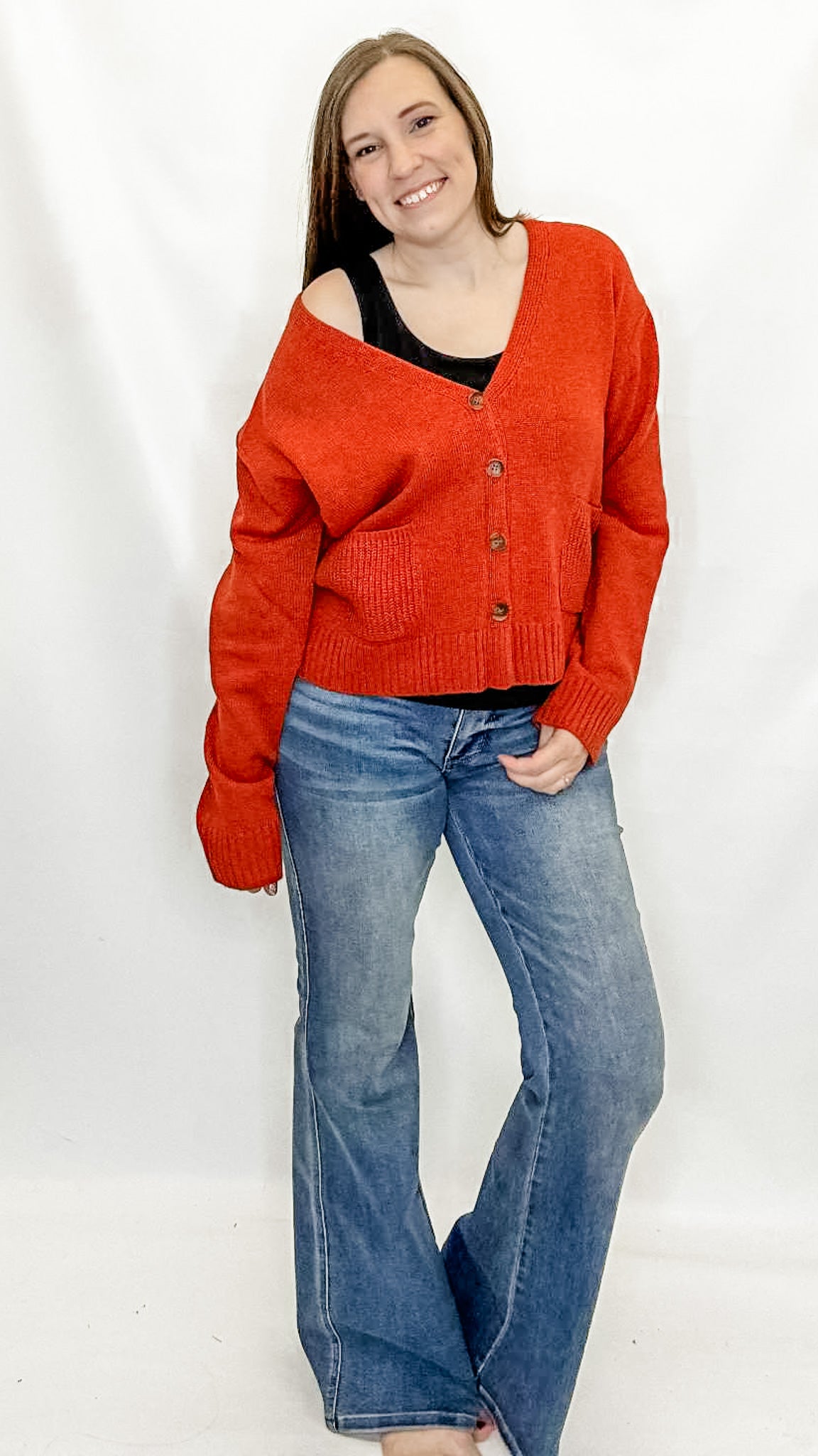Olive or Rust Cardigan with Elbow Patches. Heimish brand. Rust. True to size.