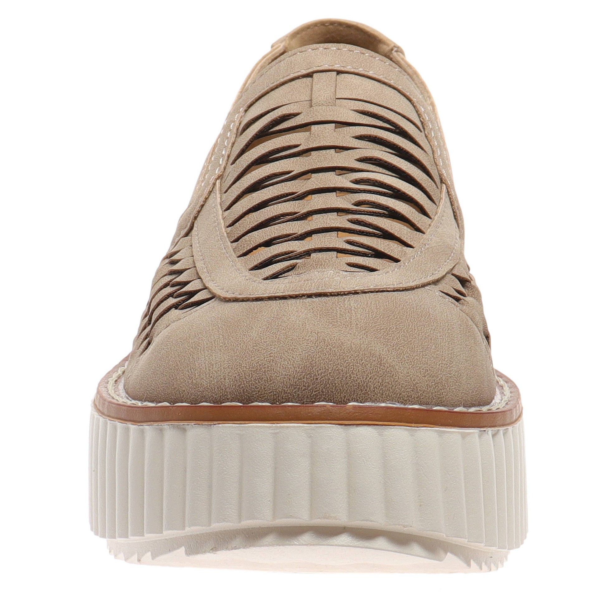 Pierre Dumas Taupe Sweet 9 Platform Loafers. Front view.