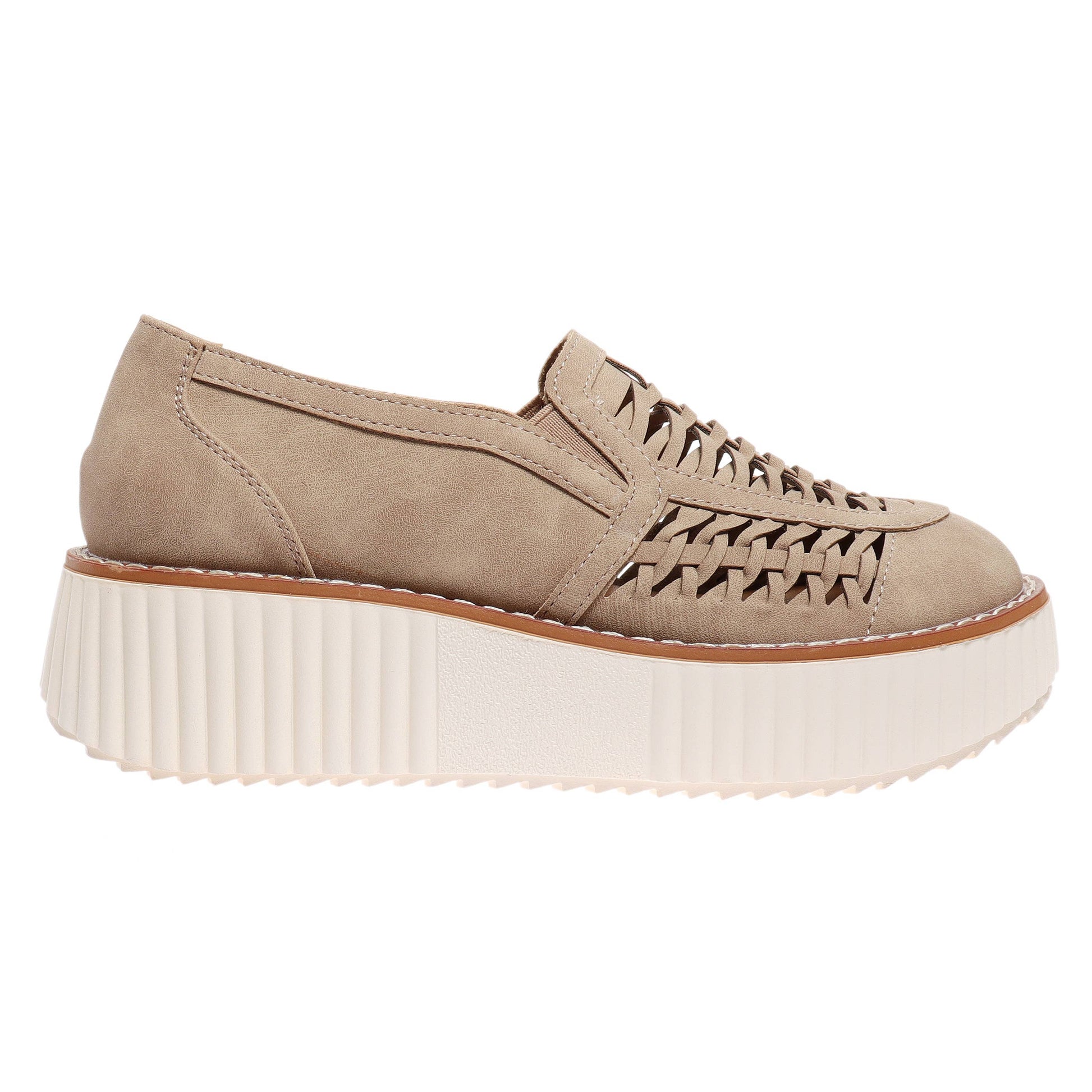 Pierre Dumas Taupe Sweet 9 Platform Loafers. Side view.
