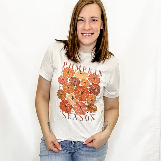 Pumpkin Season Heather Oatmeal Graphic Tee. Bella Canvas. Gourds.
