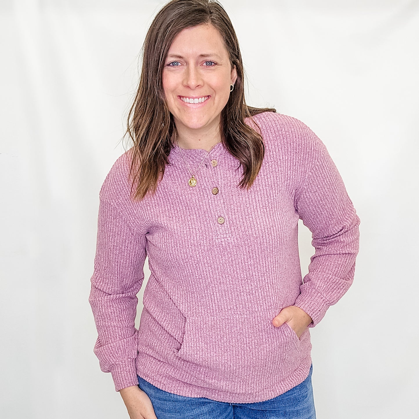 Purple Ribbed Henley Knit Top