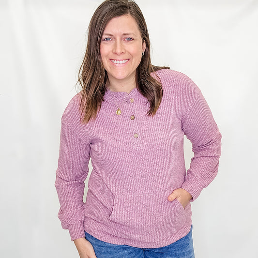 Purple Ribbed Henley Knit Top