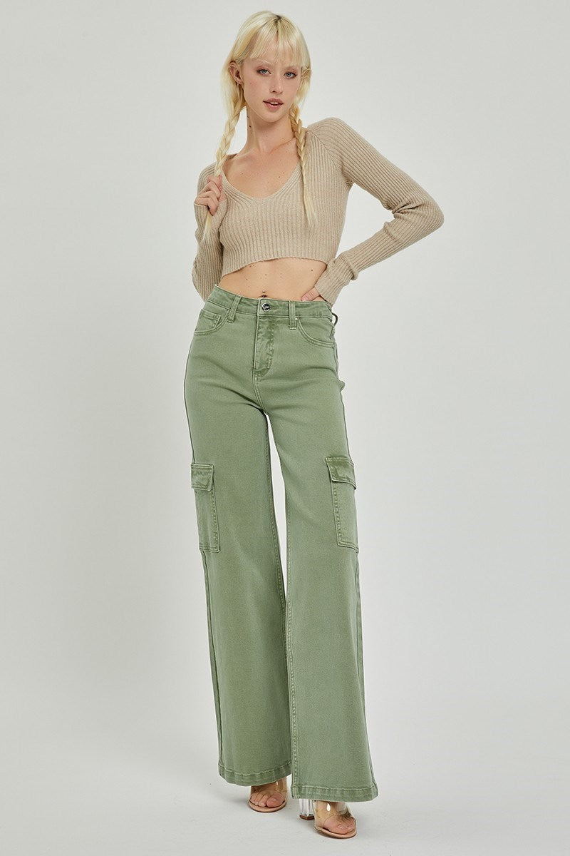 Risen Olive High Rise Wide Leg Cargo Jeans - RDP5488