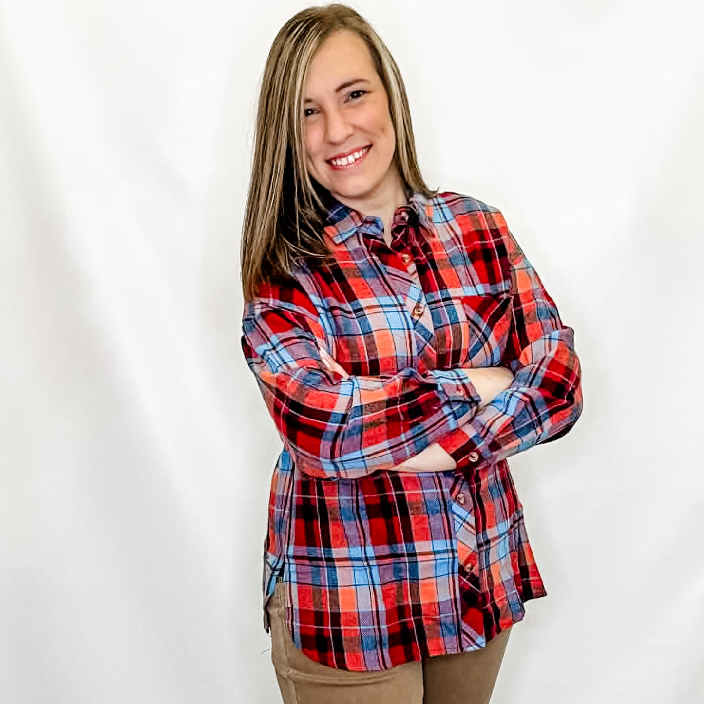 Red, Blue & Orange Plaid Button Up Top