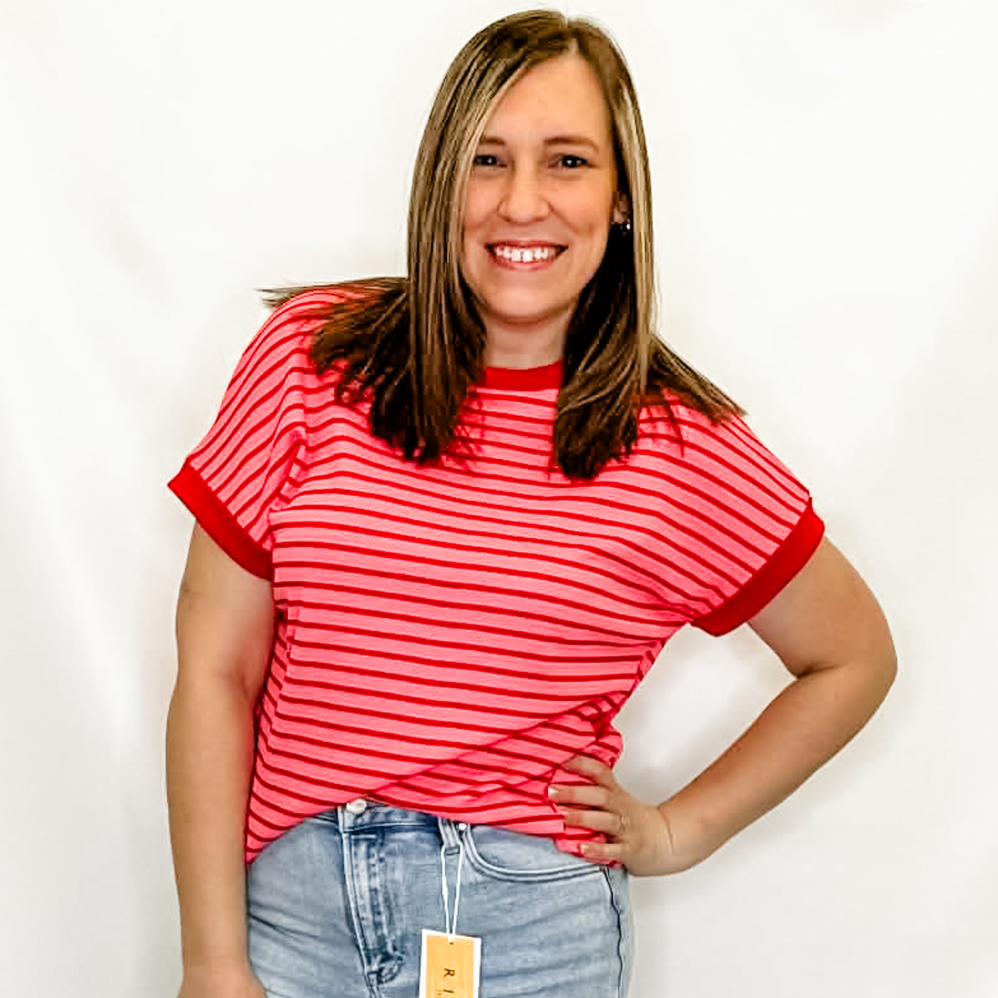 Red & Pink Stripe Knitted Short Sleeve Top
