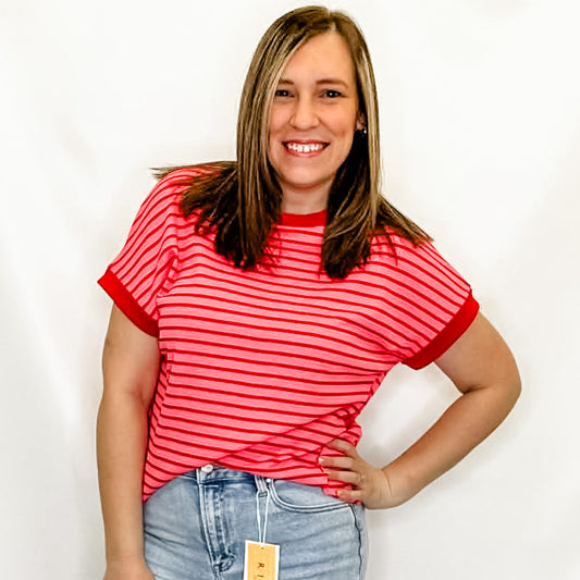 Red & Pink Stripe Knitted Short Sleeve Top