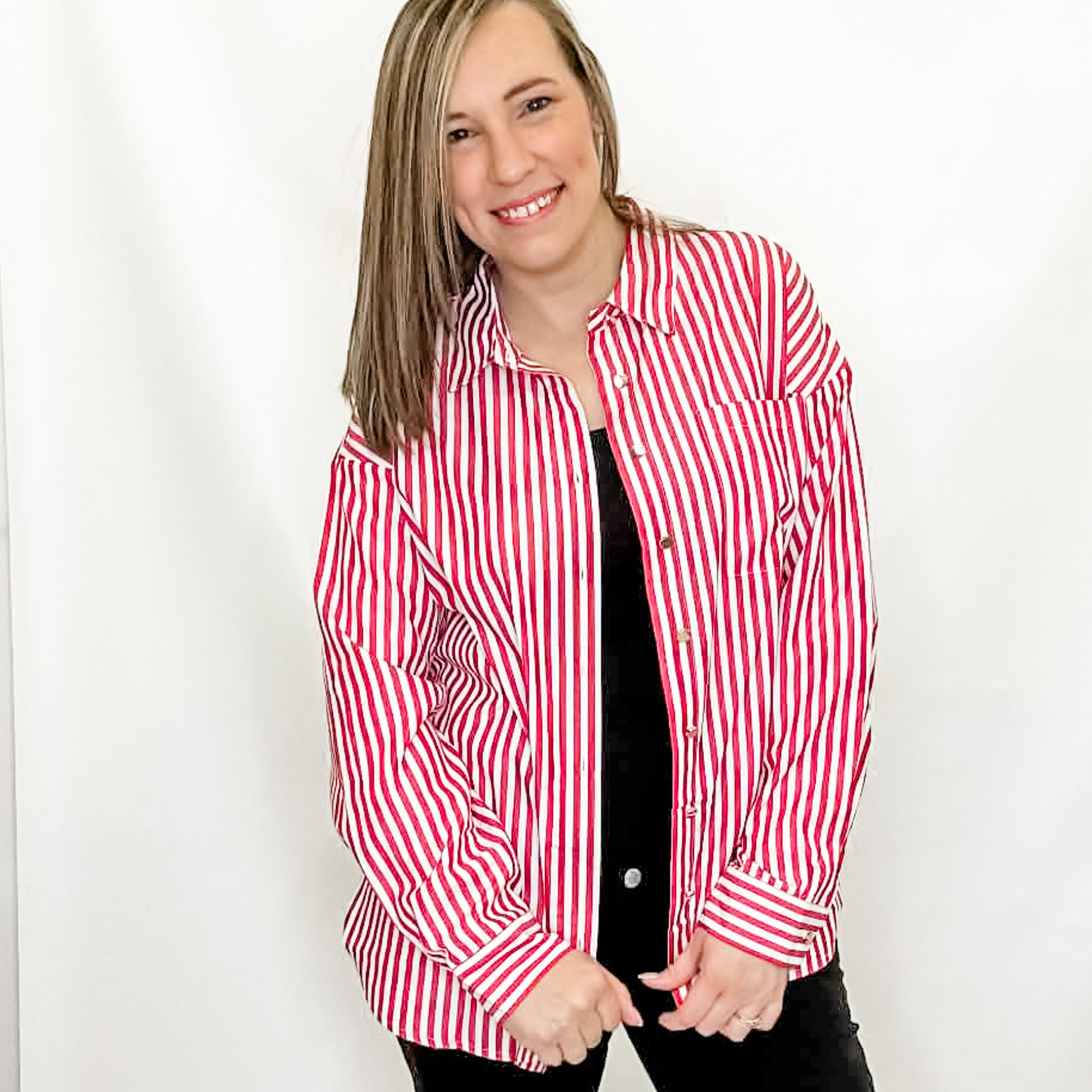 Red Vertical Striped Long Sleeve Top