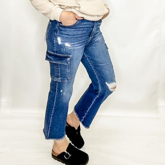 Risen High Rise Crop Straight Cargo Jeans - RDP5774