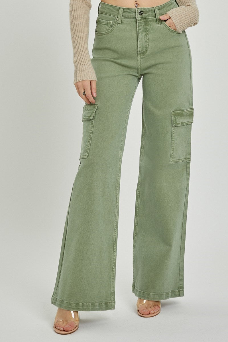 Risen Olive High Rise Wide Leg Cargo Jeans - RDP5488