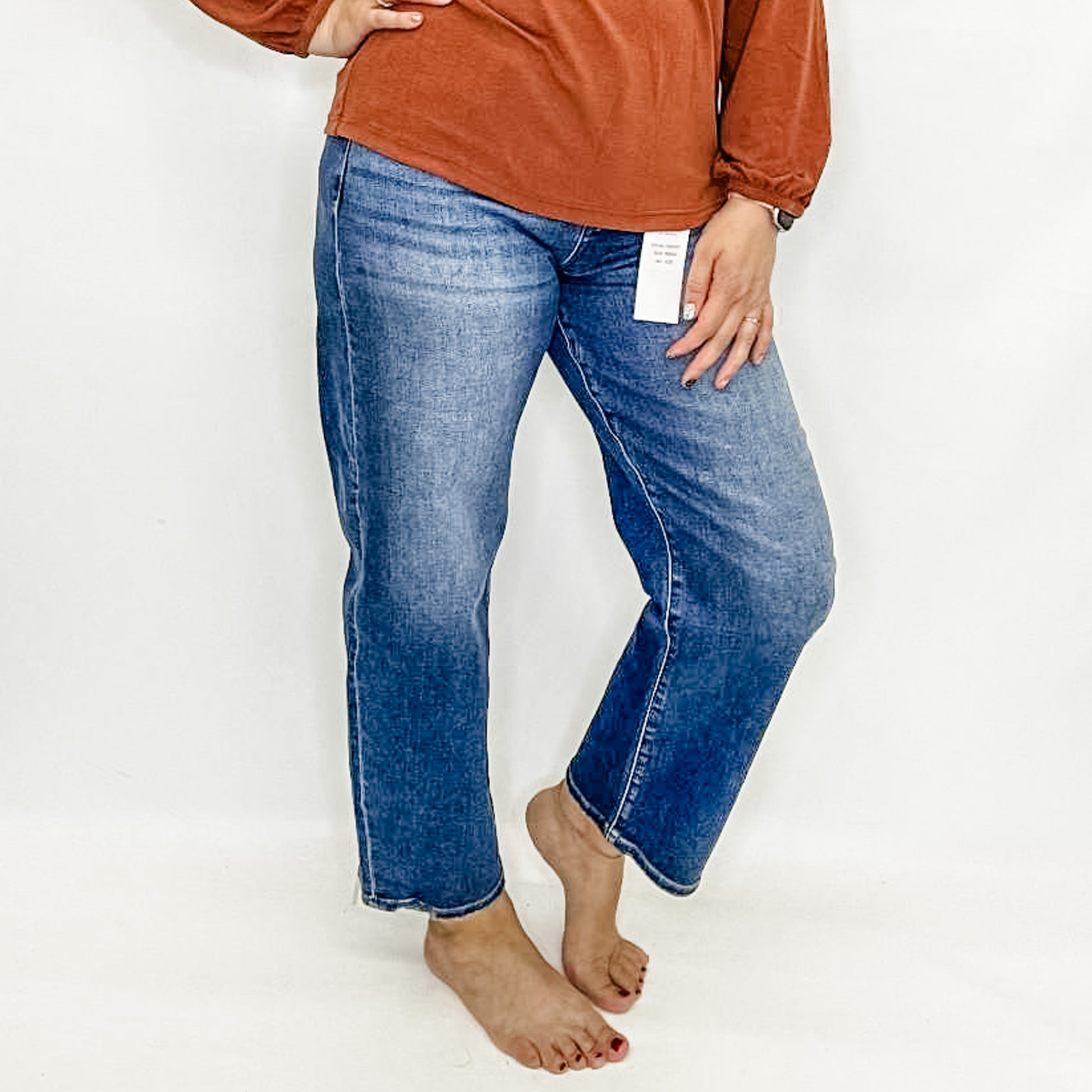 Risen Tummy Control Hi Rise Ankle Slim Barrel Jeans. Boutique jeans. Fall jeans.