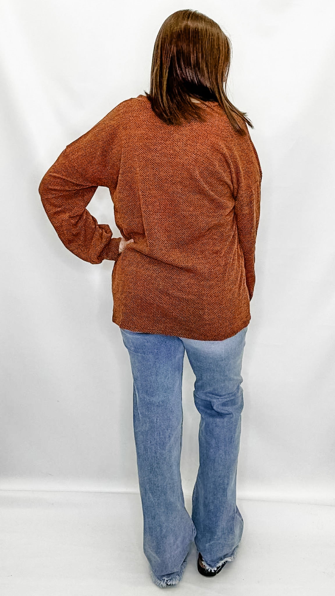 Rust Orange, Textured V-Neck Top from Heimish in Plus size only.