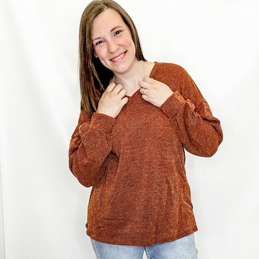 Rust Orange, Textured V-Neck Top from Heimish in Plus size only.
