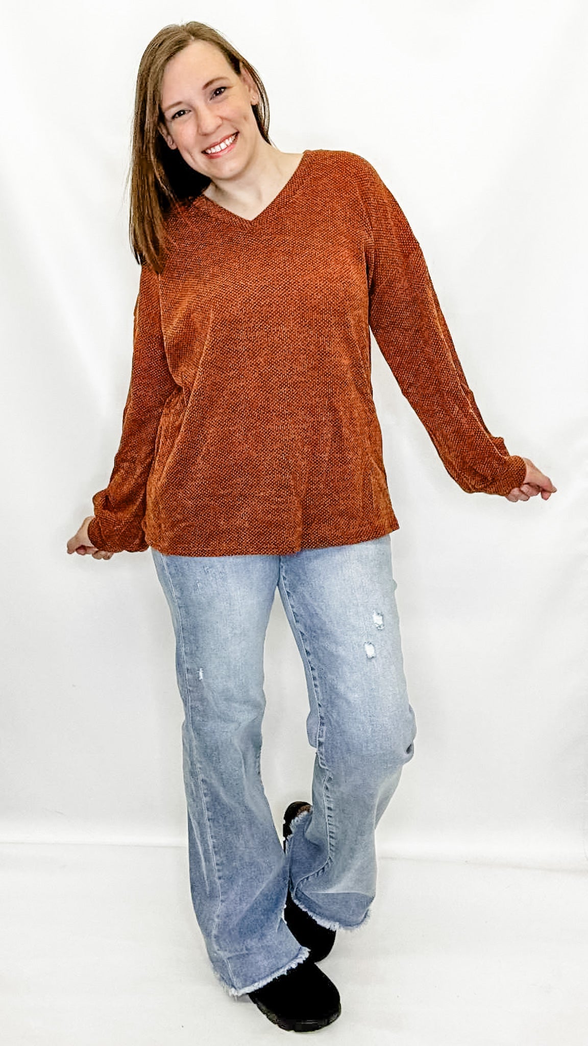 Rust Orange, Textured V-Neck Top from Heimish in Plus sizes only.