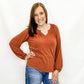 Rust Smocked Sholder V-Neck Top. Staccato. 
