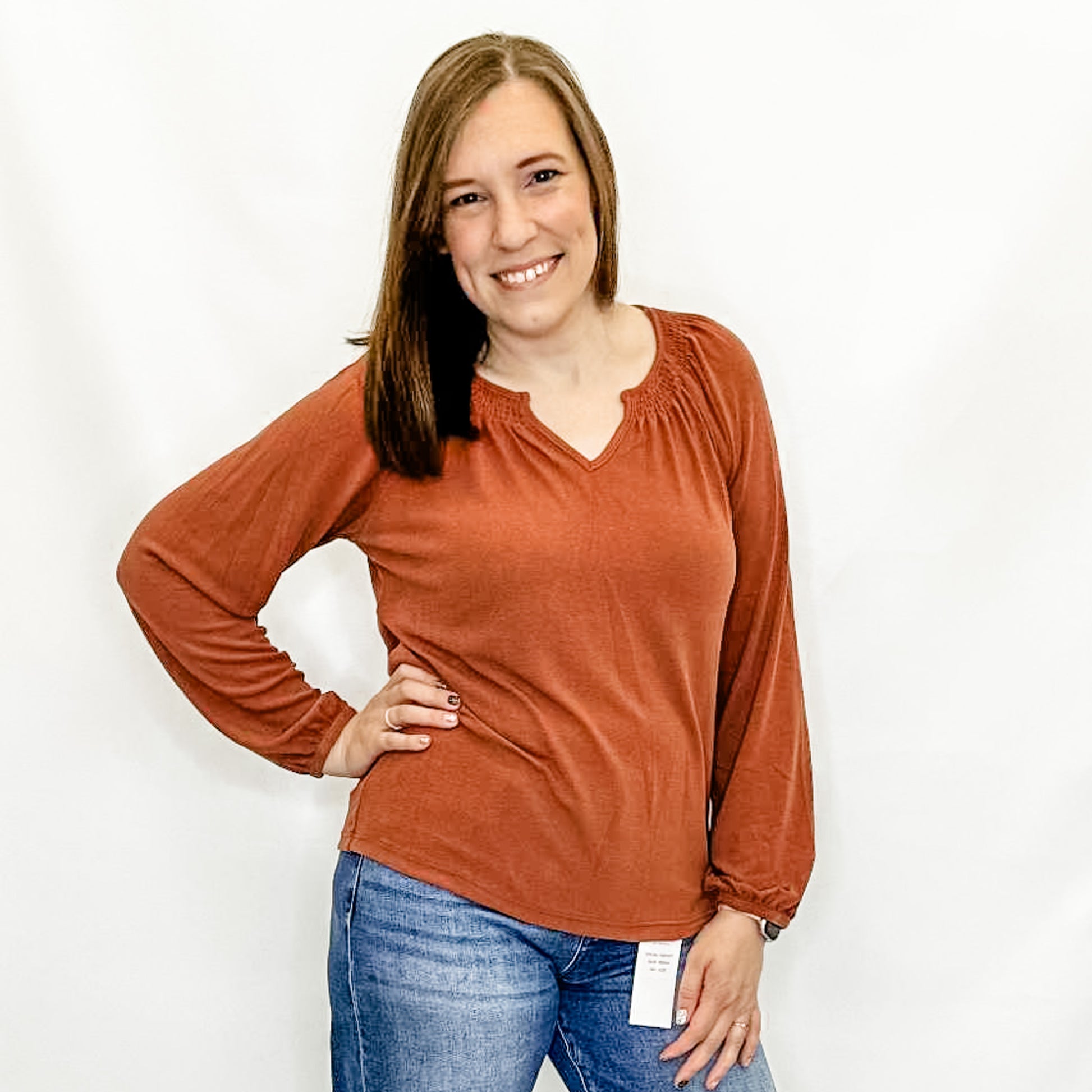 Rust Smocked Sholder V-Neck Top. Staccato. 