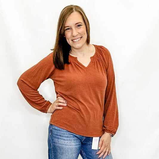 Rust Smocked Sholder V-Neck Top. Staccato. 