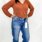 Rust Smocked Sholder V-Neck Top. Staccato