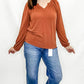 Rust Smocked Sholder V-Neck Top. Staccato