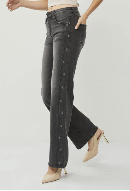 Risen Mid-Rise Straight, Star Print Detail Jeans - RDP5596