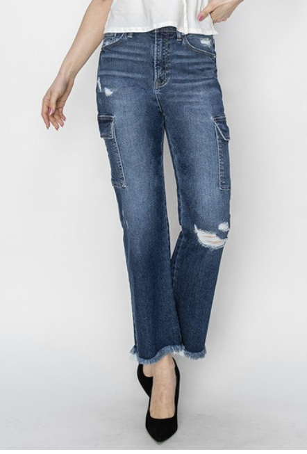 Risen High Rise Crop Straight Cargo Jeans - RDP5774