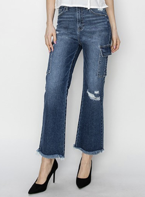 Risen High Rise Crop Straight Cargo Jeans - RDP5774