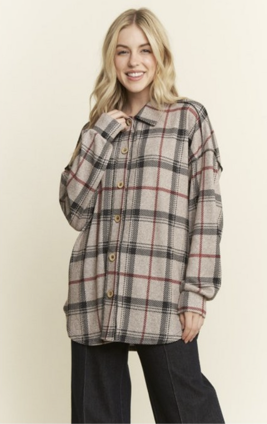 Gray, Black & Red Soft, Button Down Plaid