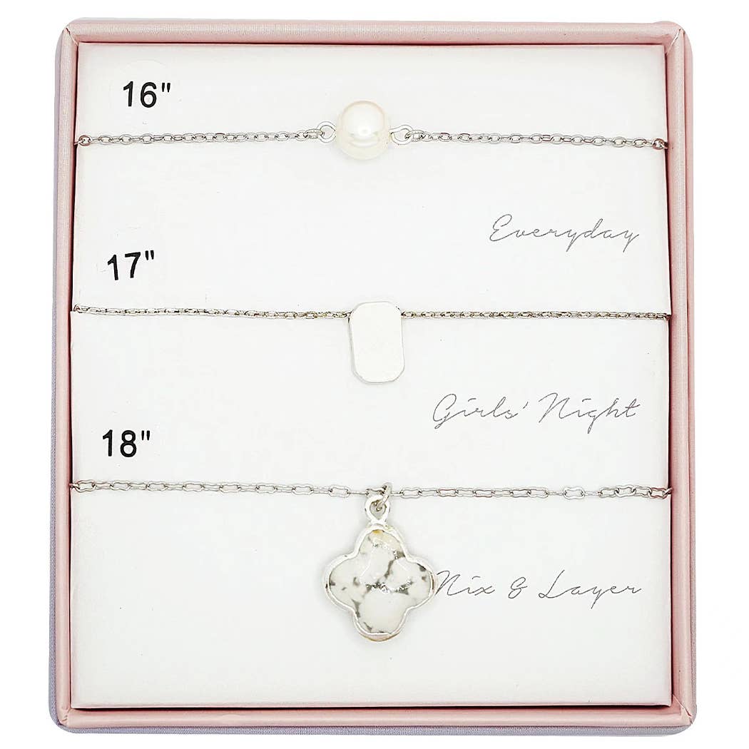 Silver Assorted Layering Pendant Necklace Gift Set - ND10081. Pearl. Marble stone.