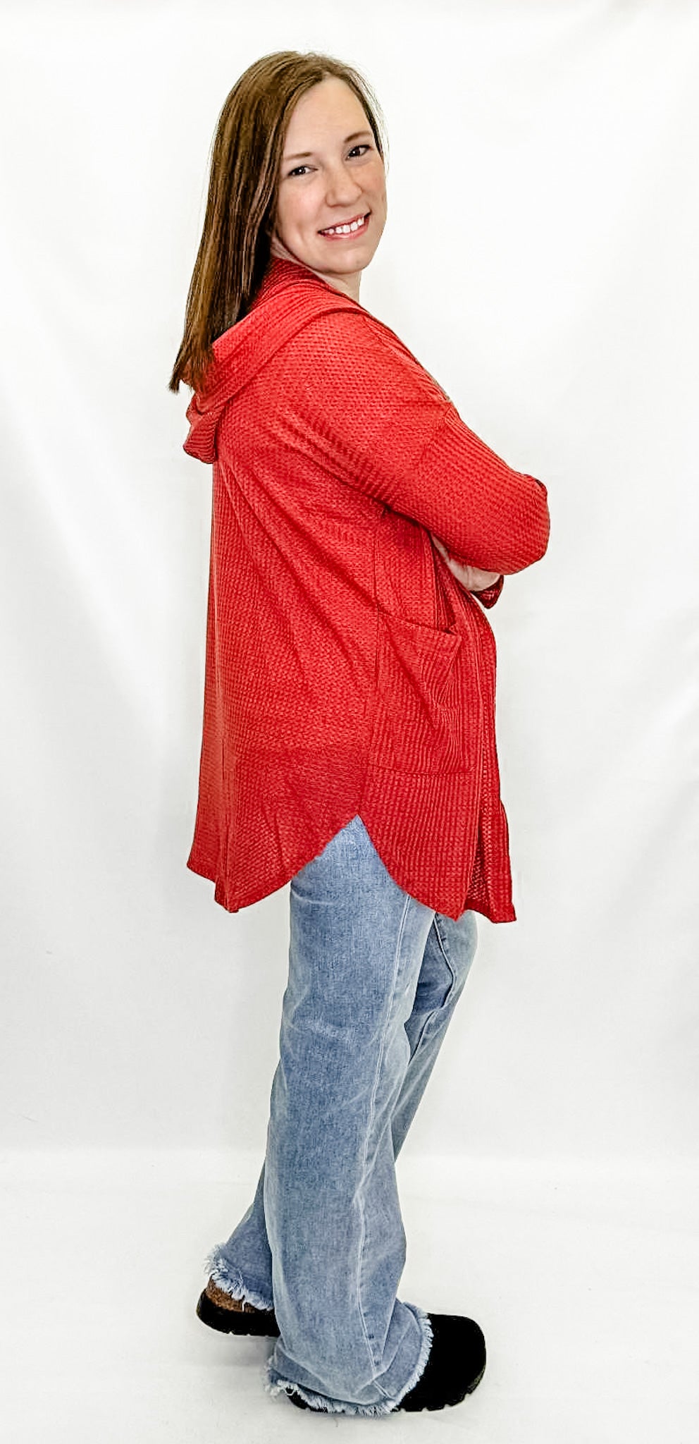 Waffle Knit Open Cardigan from Heimish. Great lightweight, layering cardigan. Rust or burgundy.