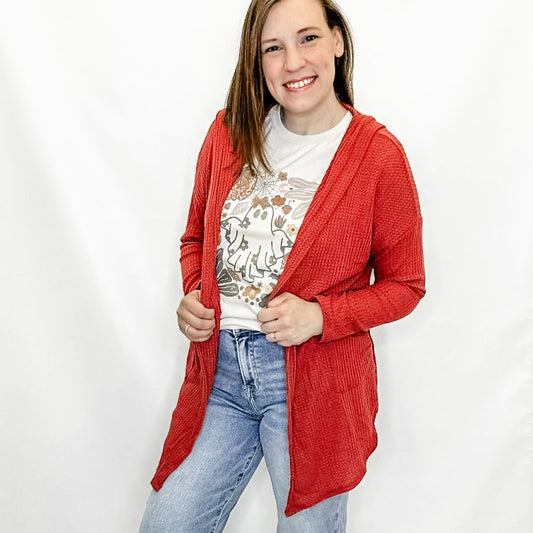 Waffle Knit Open Cardigan from Heimish. Great lightweight, layering cardigan. Rust or burgundy.