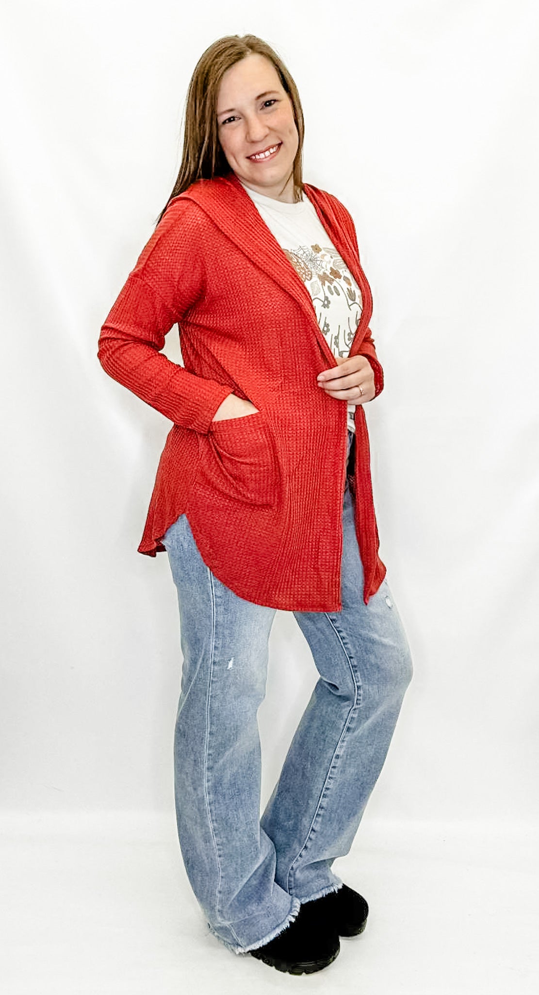 Waffle Knit Open Cardigan from Heimish. Great lightweight, layering cardigan. Rust or burgundy.