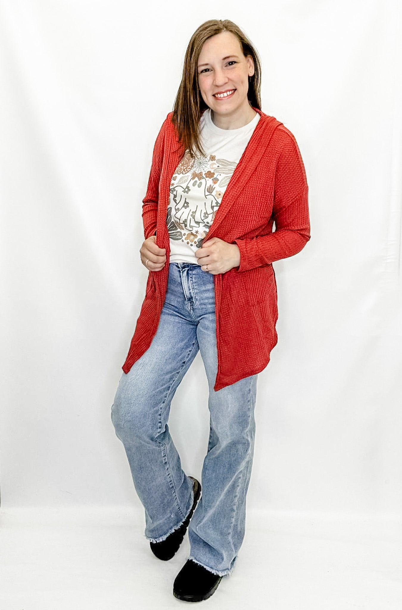 Waffle Knit Open Cardigan from Heimish. Great lightweight, layering cardigan. Rust or burgundy.