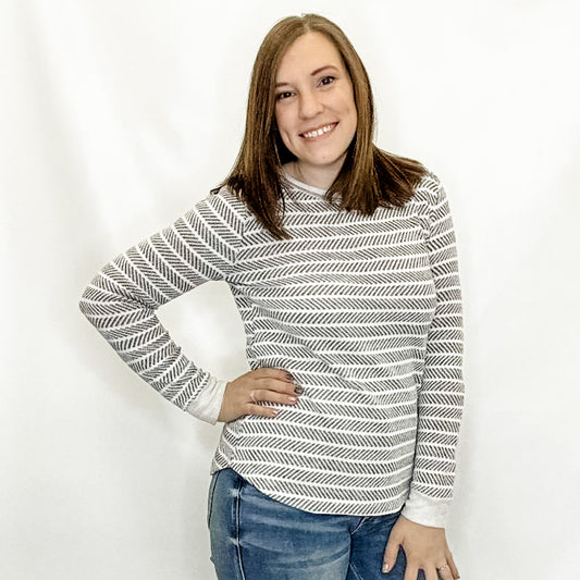 White & Gray Knit Design Long Sleeve Top. Layering top. Staccato.