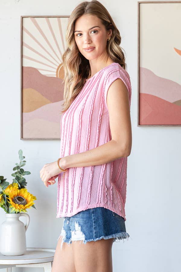 Pink Lightweight Stripe Textured Cap Sleeve Blouse