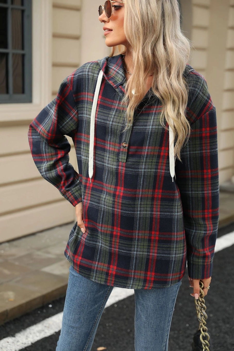 Navy, Green & Red Plaid Hooded Shirt