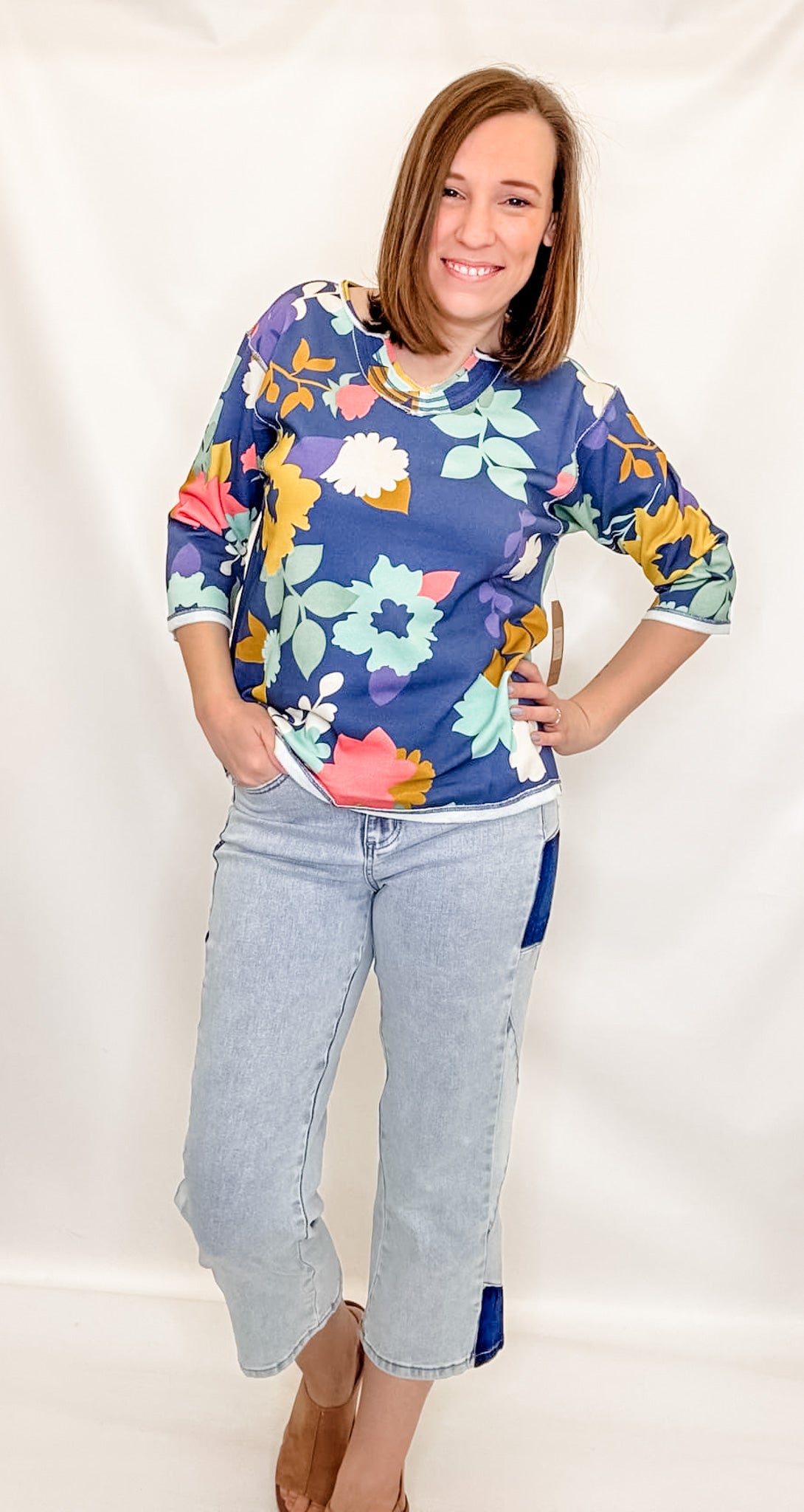 True Luxe Notched Neck Floral Print Top