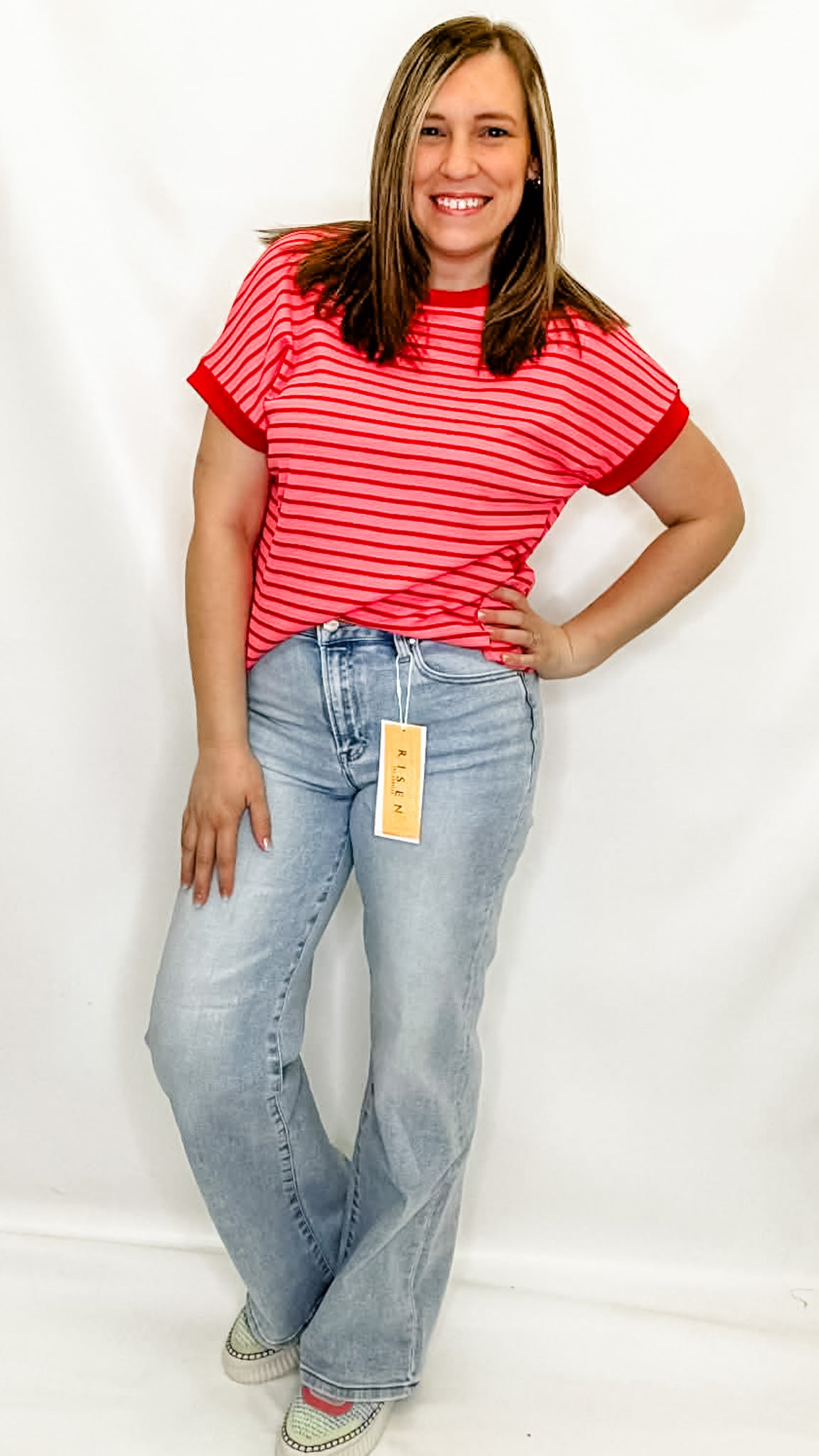 Red & Pink Stripe Knitted Short Sleeve Top