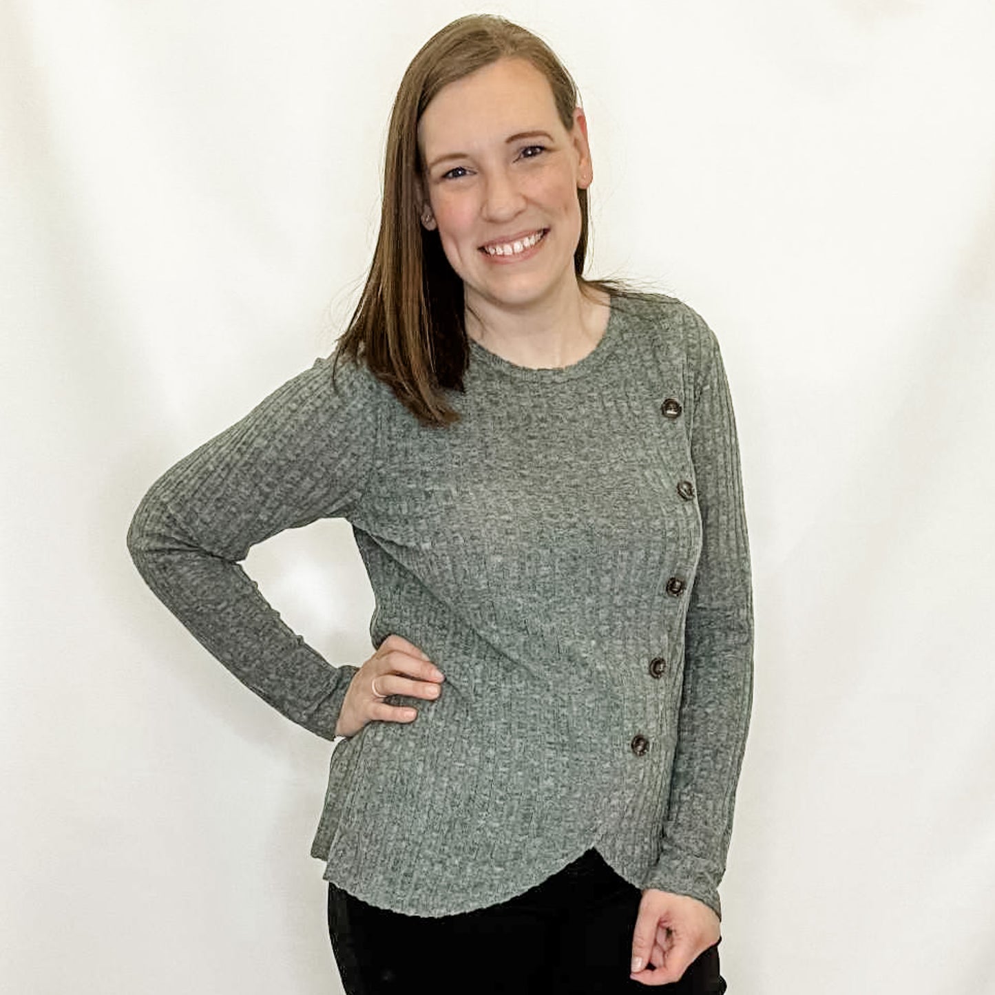 Green Button Tulip Hem Long Sleeve