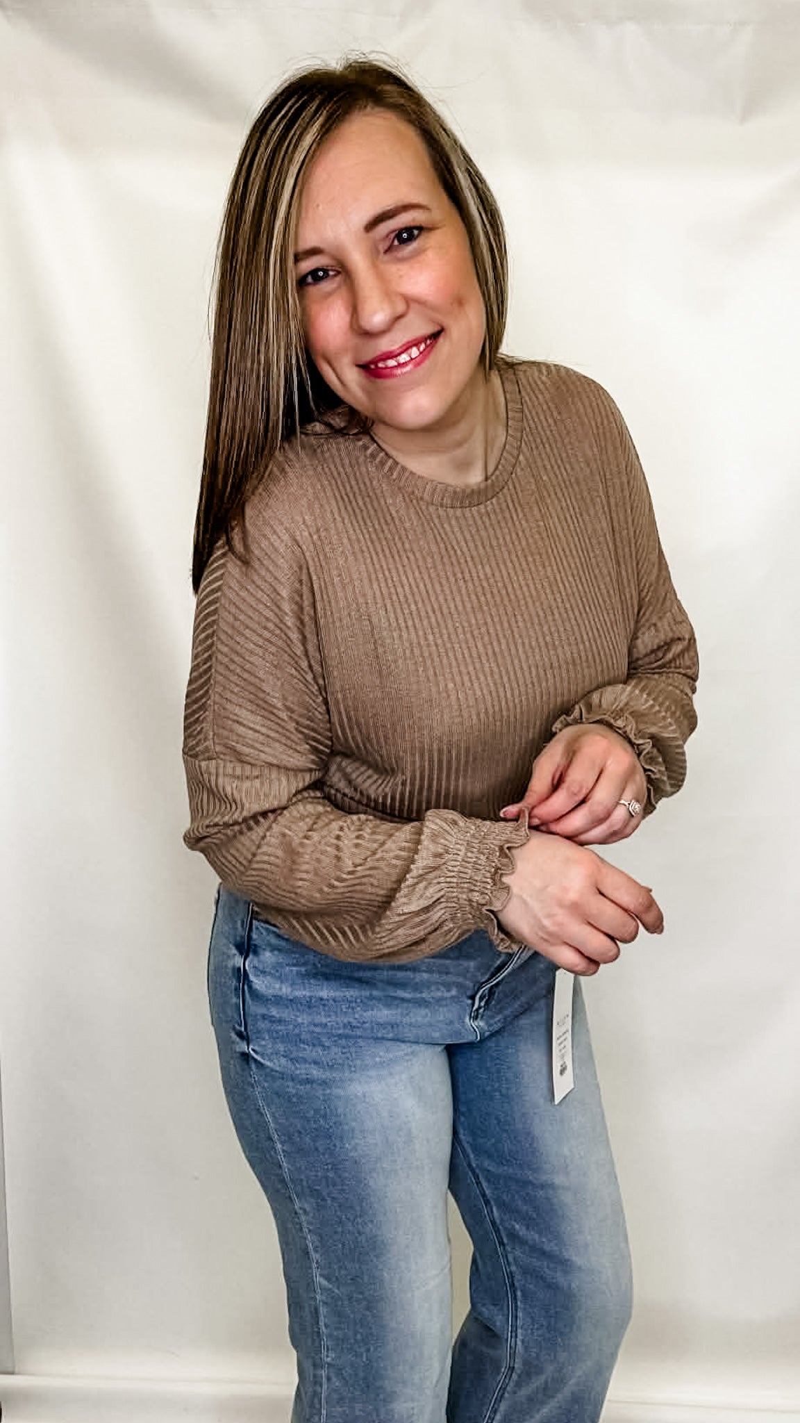 Khaki Long Sleeve Shirt with Smocked Sleeves