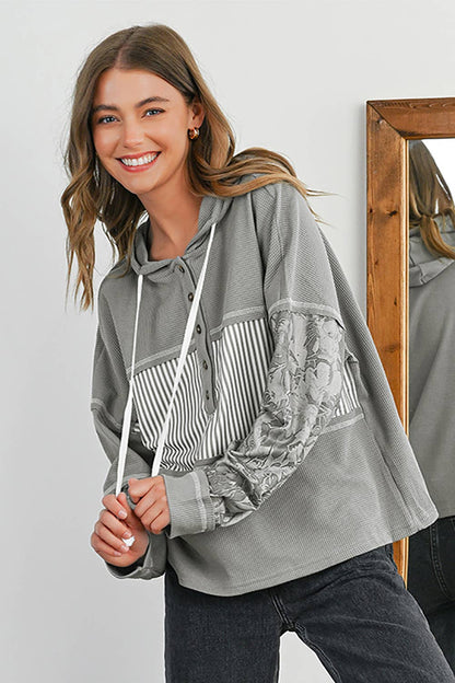 Olive Gray Striped Waffle & Print Front Hoodie