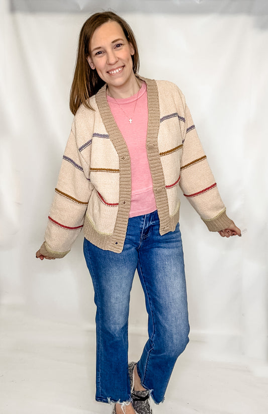 Taupe Cardigan with Colorful Stripes