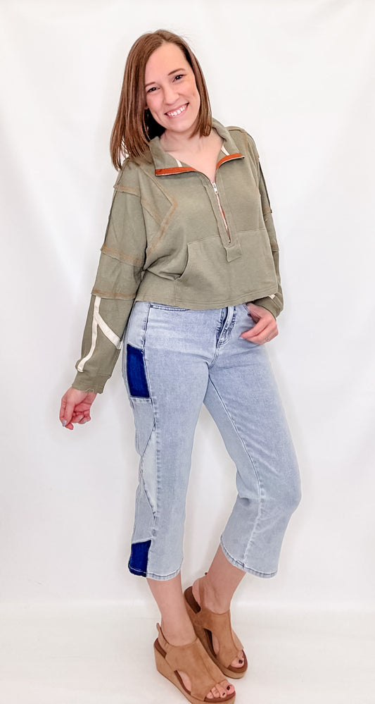 Sage Waffle Knit Crop Long Sleeve