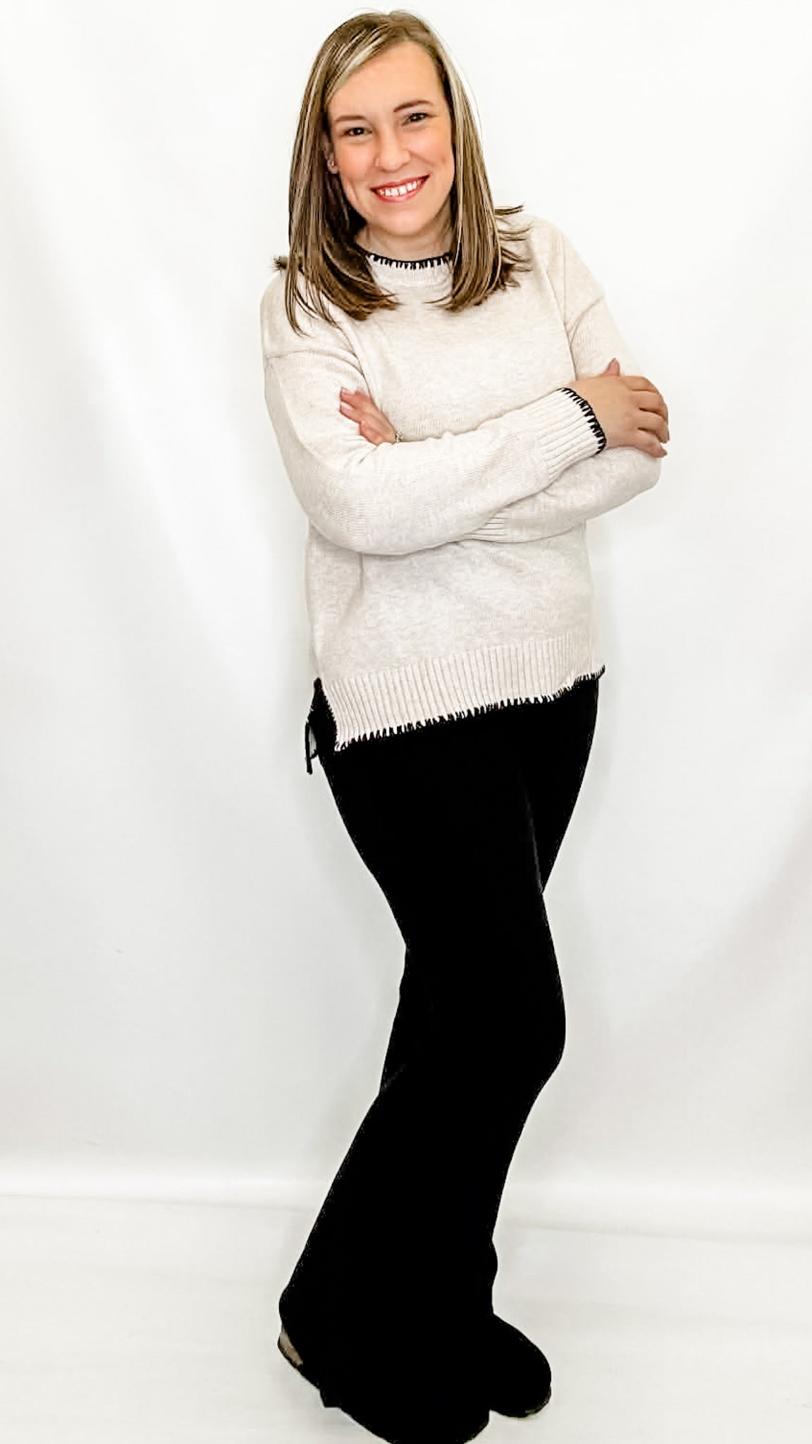 Light Khaki Sweater with Black Trim