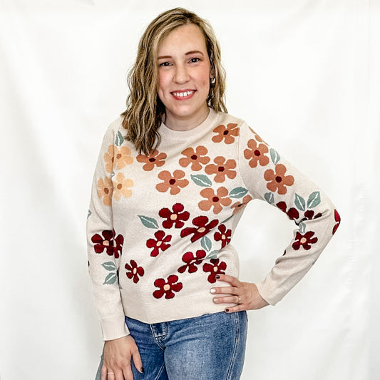 Beige Floral Jacquard Sweater