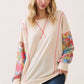 Cream & Bright Floral Contrast Sleeve Pullover Top
