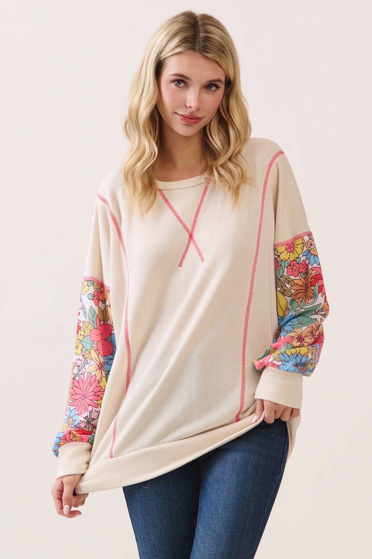 Cream & Bright Floral Contrast Sleeve Pullover Top