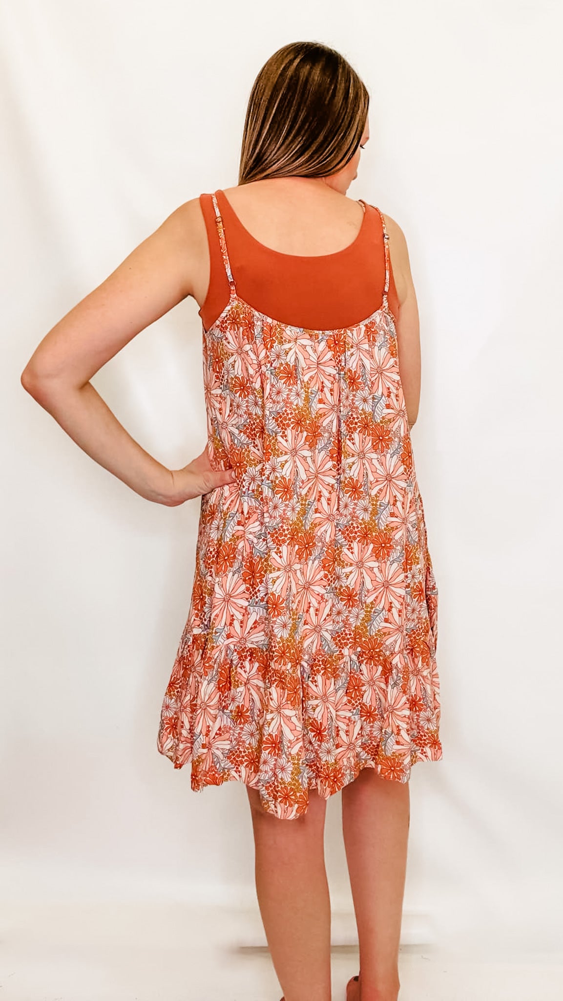 Rust & Blue Floral Sleeveless Dress