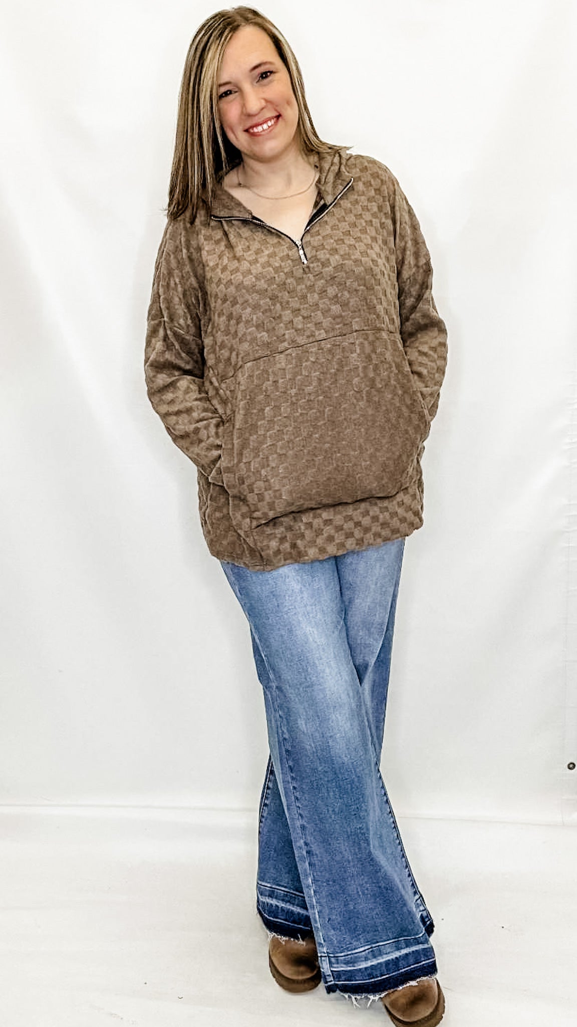 Mocha Check Hooded Quarter Zip Top