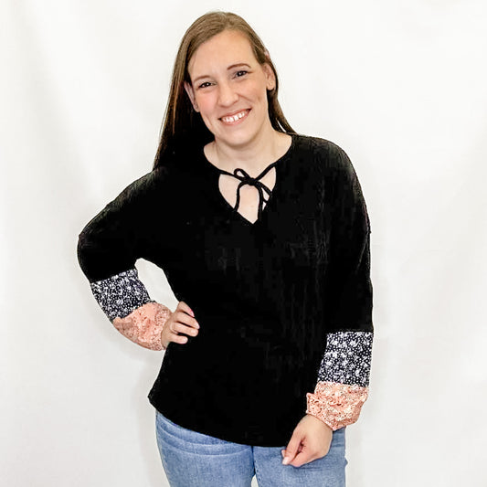 Black & Peach Floral Tie Neck Top